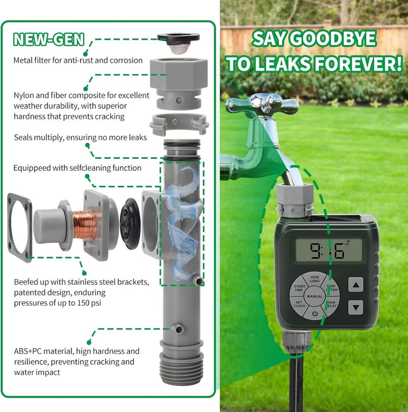 Zuomeng Sprinkler Timer, Programmable Irrigation Water Timer for Garden Hose, Solar/Battery Dual Power & Professional Leak-Proof Design, Rain Delay/Auto/Manual Watering System, Green - Image 2
